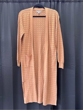 Marled Long Open-Front Knit Cardigan in Camel